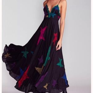 Free People Black Maxi Skirt with Colorful Stars
